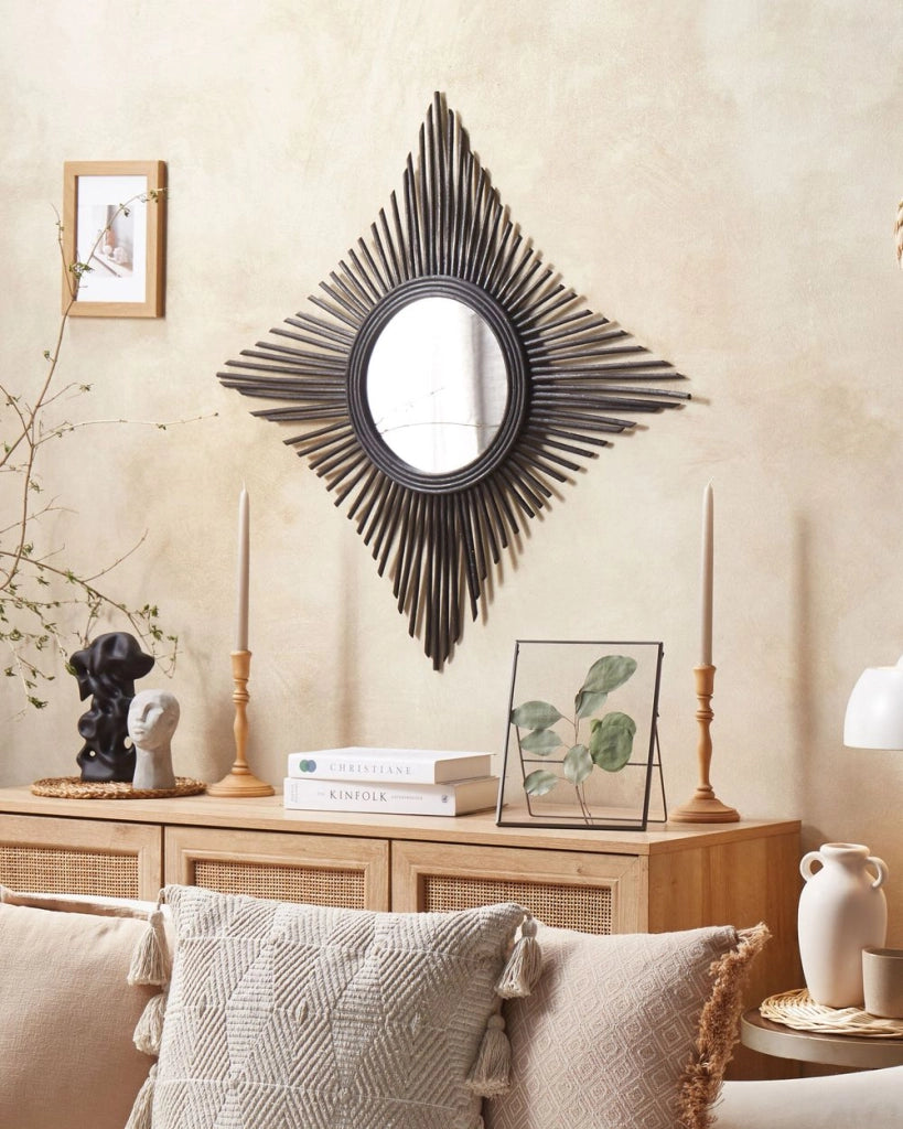 Specchio da parete in rattan Nero 60 x 60 cm Boho novità a forma di diamante ganci di montaggio rotondi soggiorno camera da letto