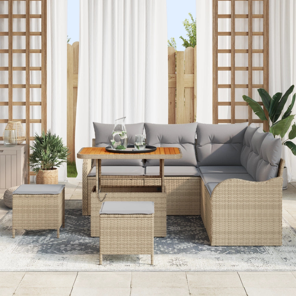 Set Divano da Giardino 8 Pezzi con Cuscini Beige Polyrattan Acacia