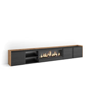 Mobile TV Soggiorno, 315x50x35 cm, Per TV fino a 80", Camino elettrico XXL, LED, Nero e rovere