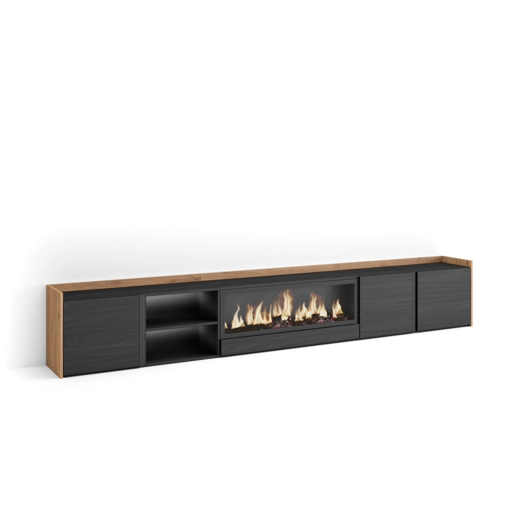 Mobile TV Soggiorno, 315x50x35 cm, Per TV fino a 80", Camino elettrico XXL, LED, Nero e rovere