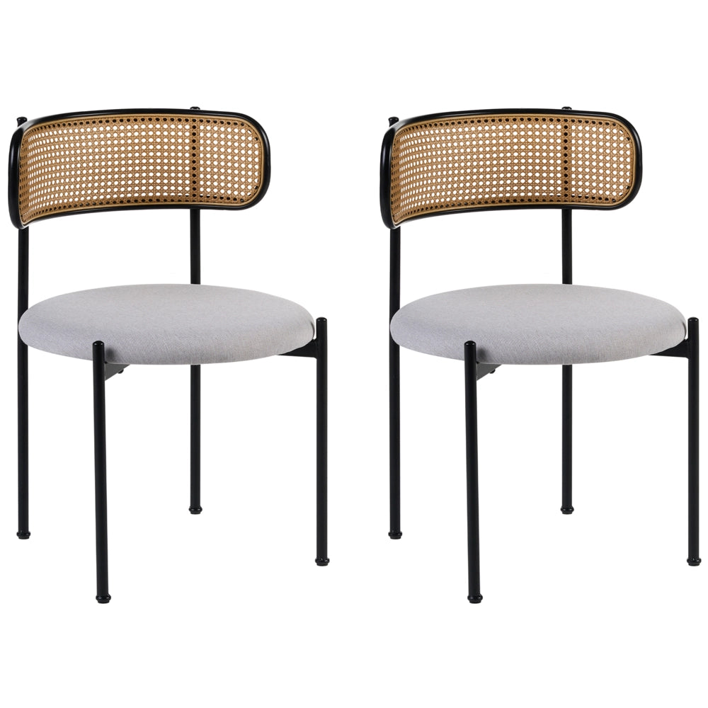 Set di 2 sedie da salotto con seduta in tessuto beige e struttura in metallo nero con effetto legno chiaro treccia viennese stile retrò soggiorno