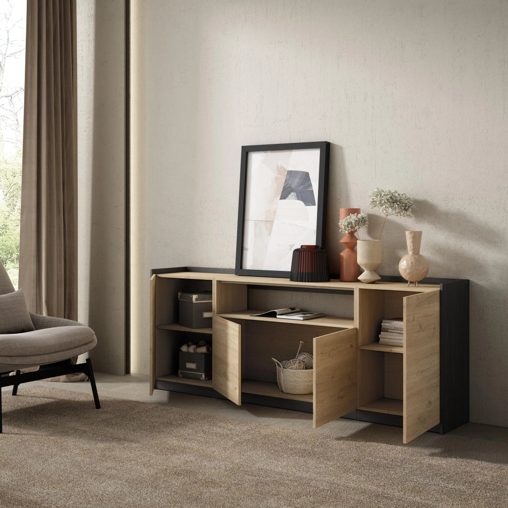 Credenza, Mobile, Cucina, 207x80x37 cm, 4 Porte, grande stoccaggio, Rovere e nero