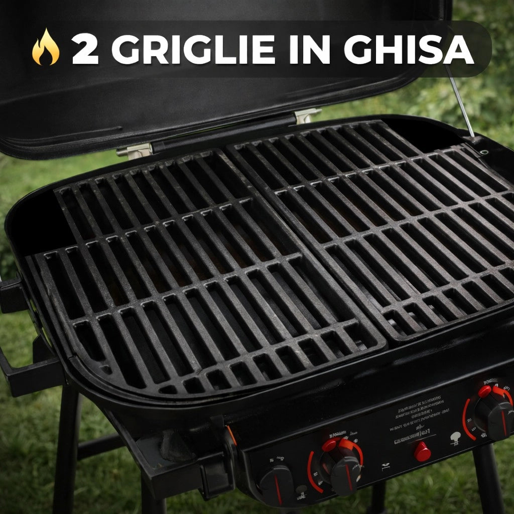 Barbecue a gas 2 fuochi bbq con accensione piezo e mensola portaoggetti con griglie in ghisa - compatto e stabile