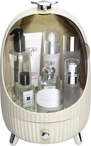 Organizzatore di trucco con coperchio impermeabile - Trucco per la cura della pelle con illuminazione LED - Specchio da trucco con luce soffusa - Cassetta di abbinamento per bagno e camera da letto (M)