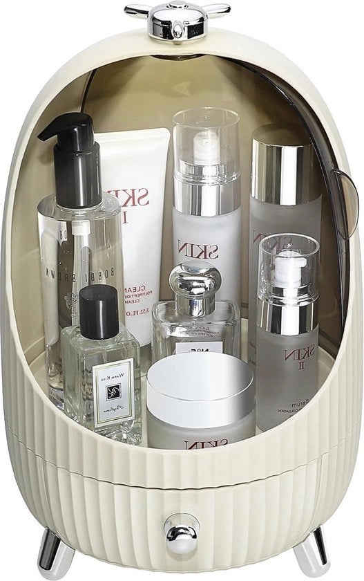 Organizzatore di trucco con coperchio impermeabile - Trucco per la cura della pelle con illuminazione LED - Specchio da trucco con luce soffusa - Cassetta di abbinamento per bagno e camera da letto (M)