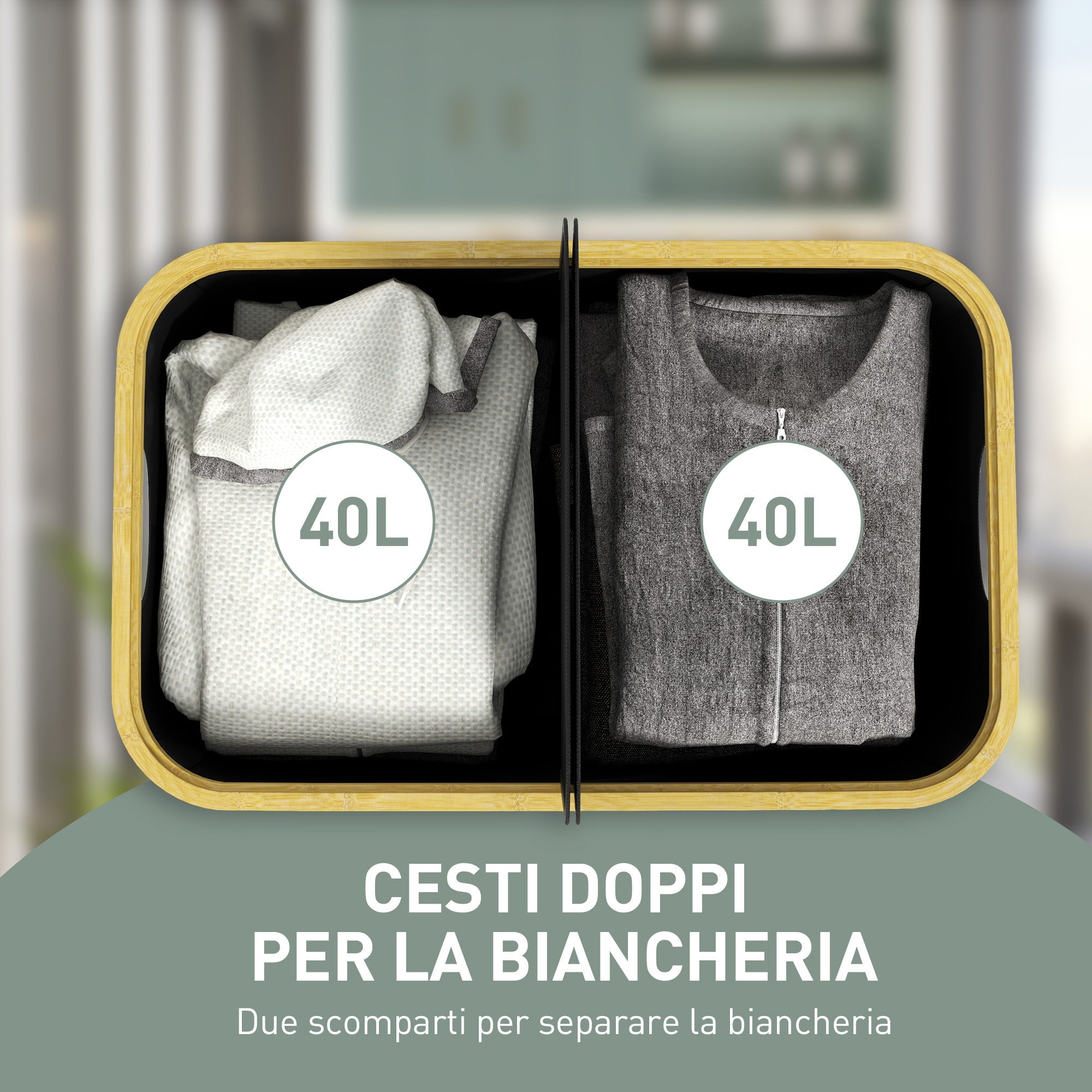 Cesto Portabiancheria da 80L a 2 Sezioni con Coperchio 54x34x58,5 cm in Tessuto non Tessuto e Bambù Nero