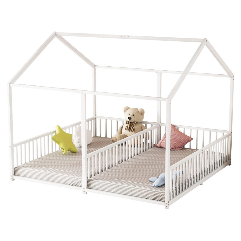 OKWISH Letto a Casetta 90×200 cm, Letto Singolo con Sponda di Sicurezza, Scala e Design a Doppio Letto, senza Materasso, Metallo Bianco