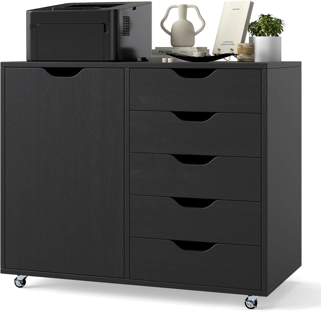 Mobiletto con 5 Cassetti e Anta, Cassettiera per Documenti con 5 Ruote e Ripiano Regolabile, per Soggiorno, Ufficio e Cucina, 79 x 40 x 65 cm (Bianco)