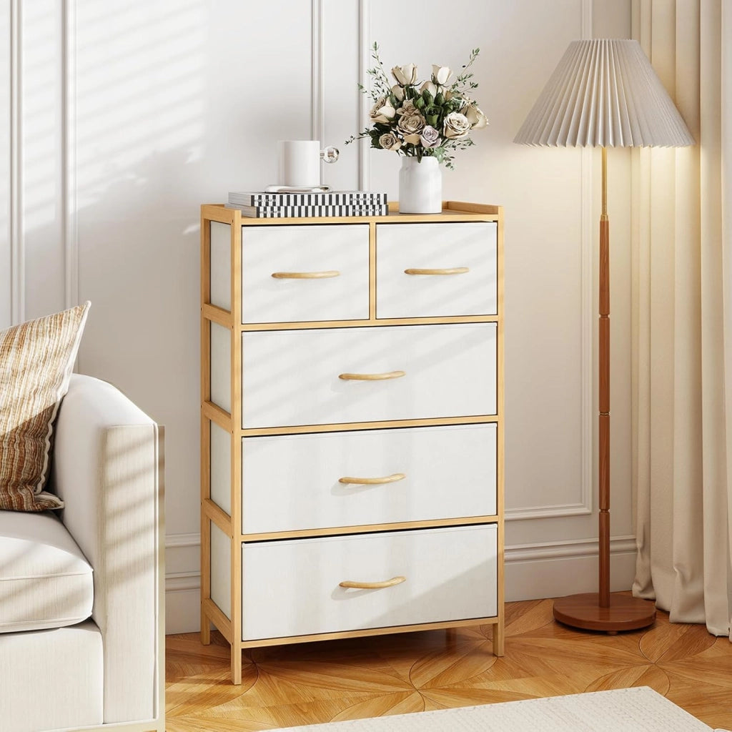 Cassettiera con 5 cassetti in tessuto pieghevole, con telaio in bambù e protezione antiribaltamento, armadio verticale per camera da letto, soggiorno, ufficio, 58 x 30 x 94 cm
