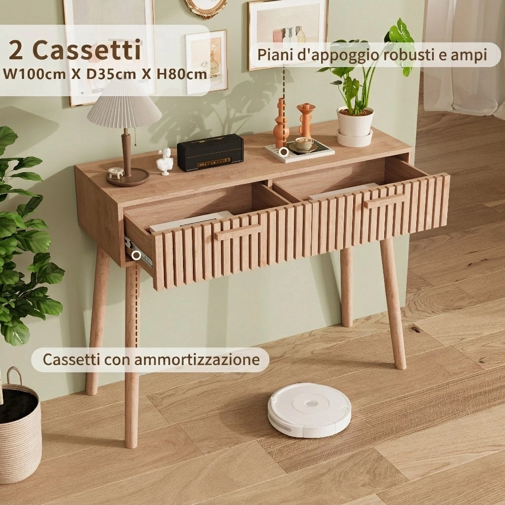 Tavolo consolle 100x35x80 cm con 2 cassetti tavolo da divano scrivtaliano-marrone giallastro