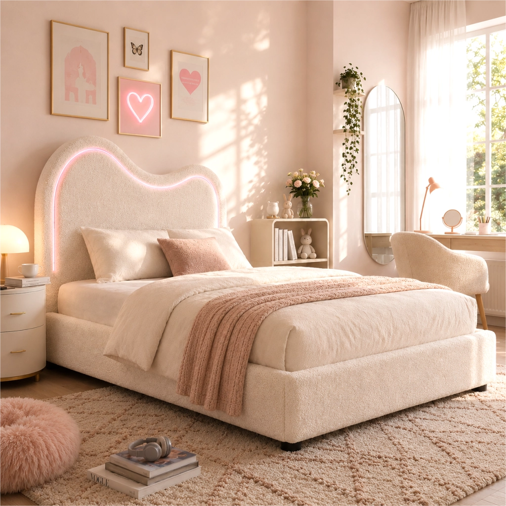 Letto imbottito per bambini con contenitore idraulico, 90x200 cm, bouclé bianco