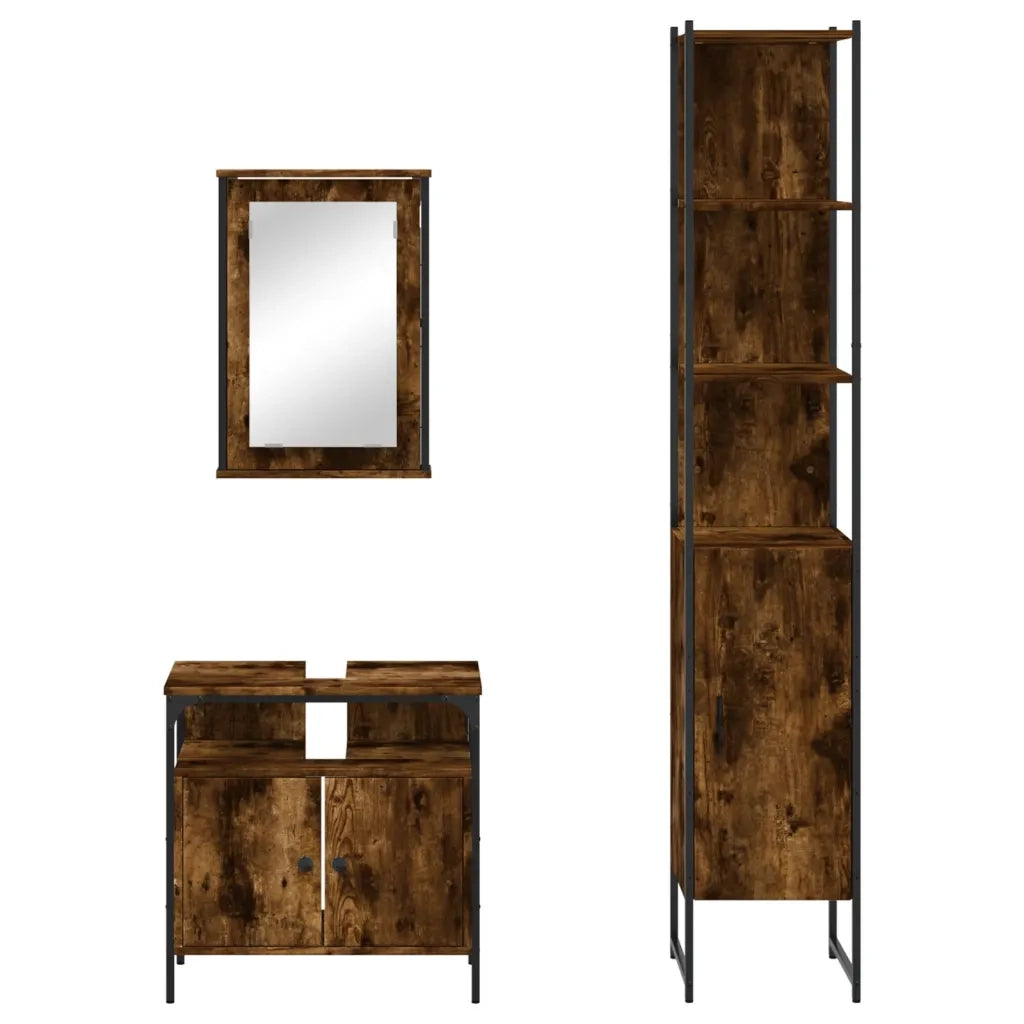 Set Mobili da Bagno | Armadio da bagno 3 pz Rovere Fumo in Legno Multistrato