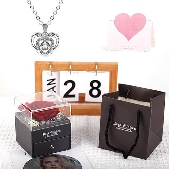 Fiore di rosa eterno con collana e orecchini, rose naturali conservate a mano, regalo in scatola, doni per donne per San Valentino, Giorno della Mamma, compleanno