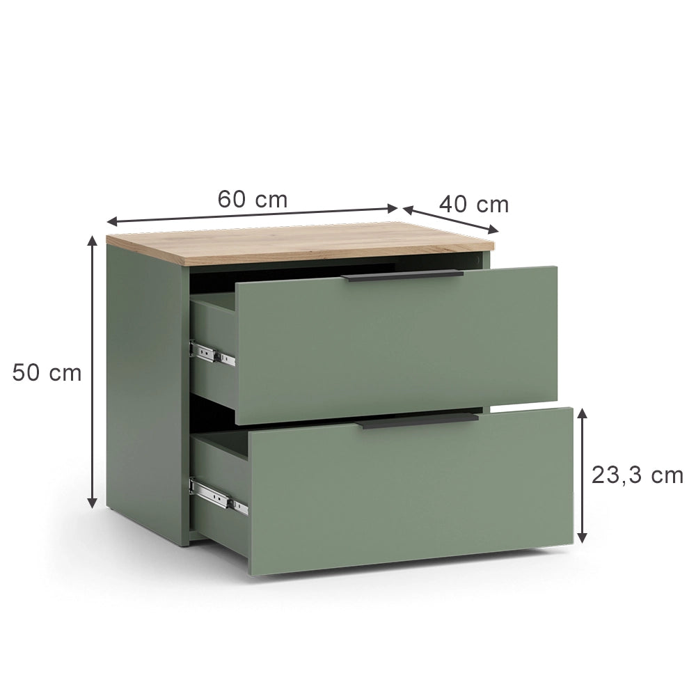 Vicco Cassettiera per camera da letto Verde 60 x 50 cm con 2 cassetti