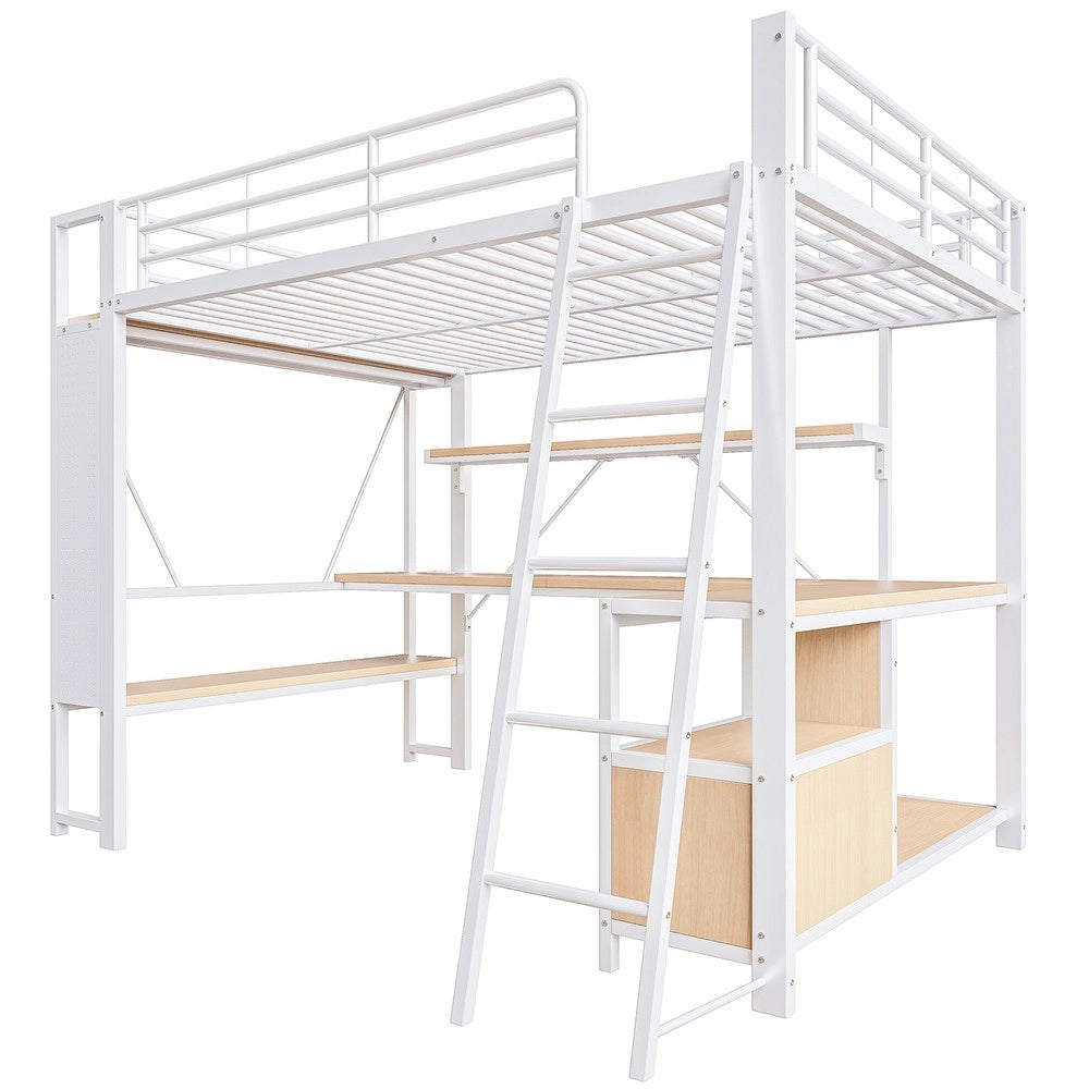 Letto a Soppalco con Scrivania, LED e Ripiani ¨C Xylo ¨C Bianco, 140x200, Metallo
