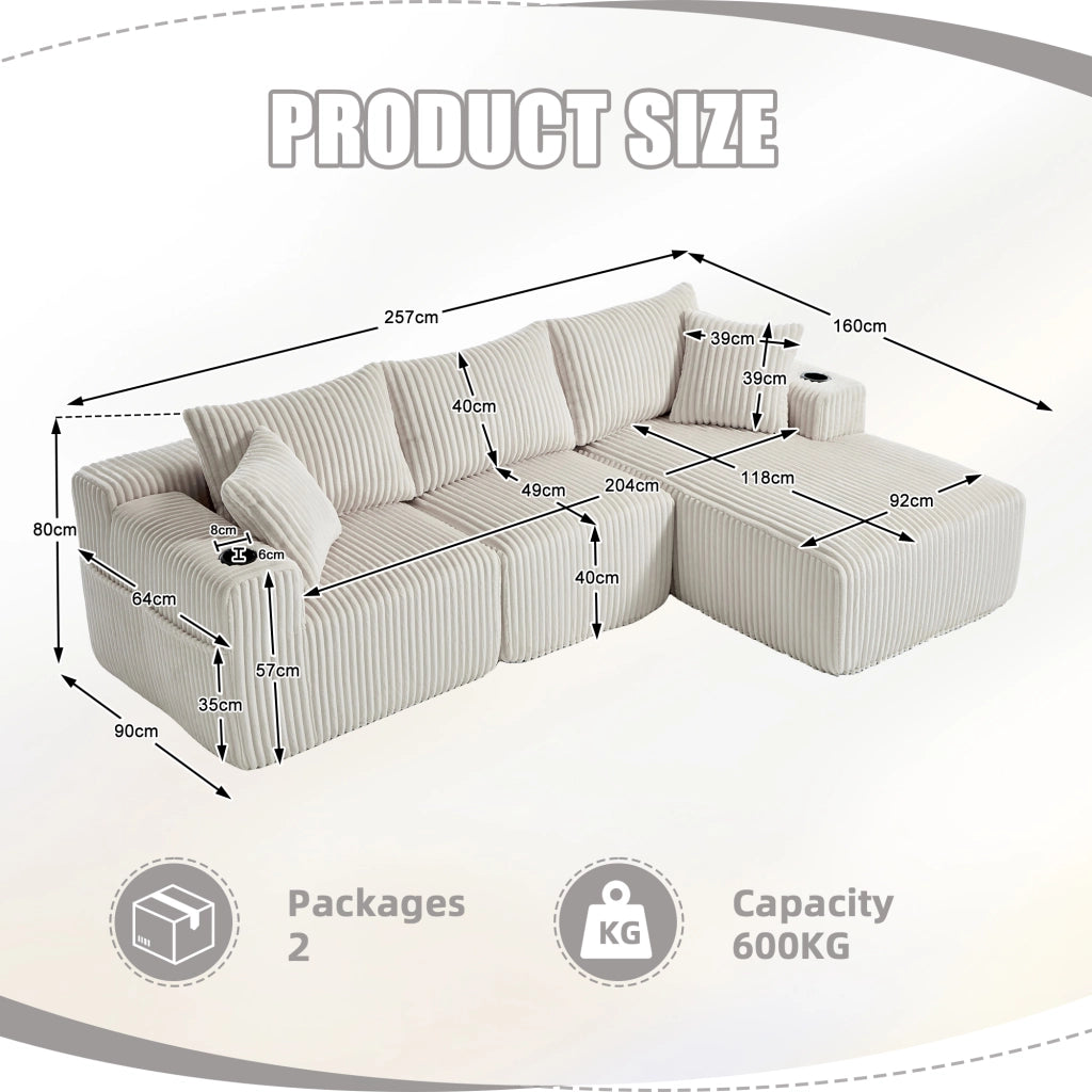 DIVANO modulare con chaise longue e 2 posti 257x160x62 cm Corduroy beige