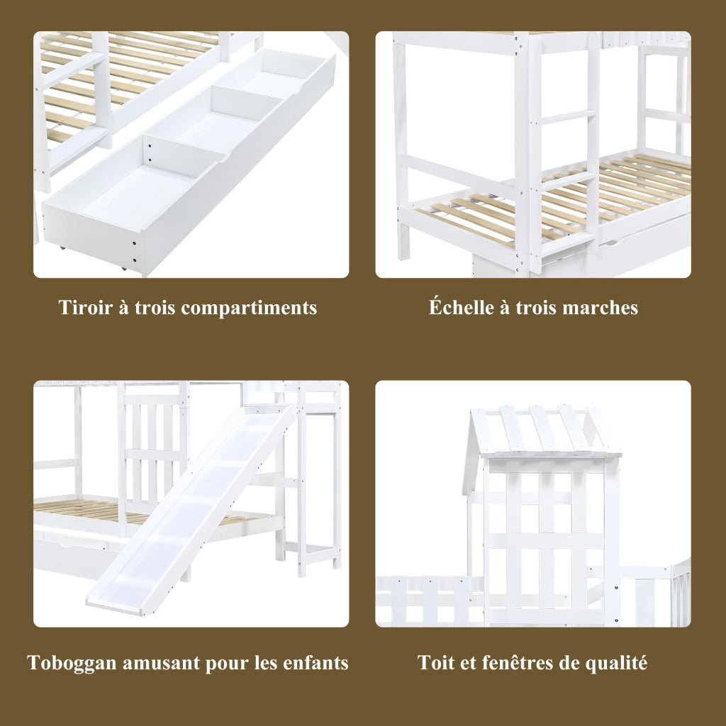 Letto a castello per bambini 90 × 200 cm con grande cassetto con ruote, scivolo, senza materasso, bianco