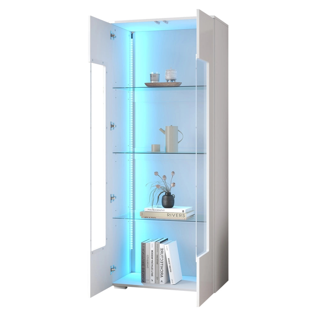 Vetrina soggiorno 70x40x173 cm con 2 ante in acrilico; LED USB e frontale lucido; bianca