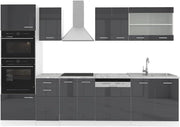 Cucina componibile R-Line, Antracite lucido, 300 cm con armadio alto, PL Marmo, con moduli disposti in modo variabile e piedini regolabili in altezza