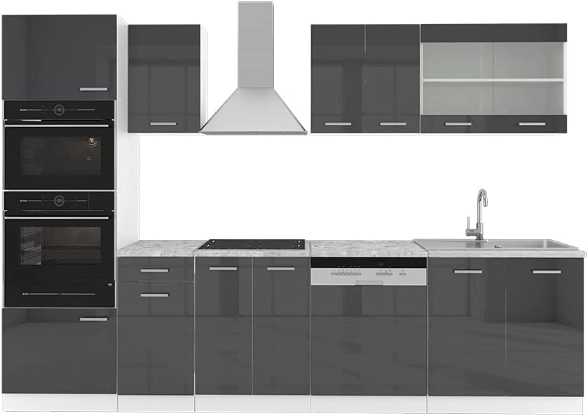 Cucina componibile R-Line, Antracite lucido, 300 cm con armadio alto, PL Marmo, con moduli disposti in modo variabile e piedini regolabili in altezza