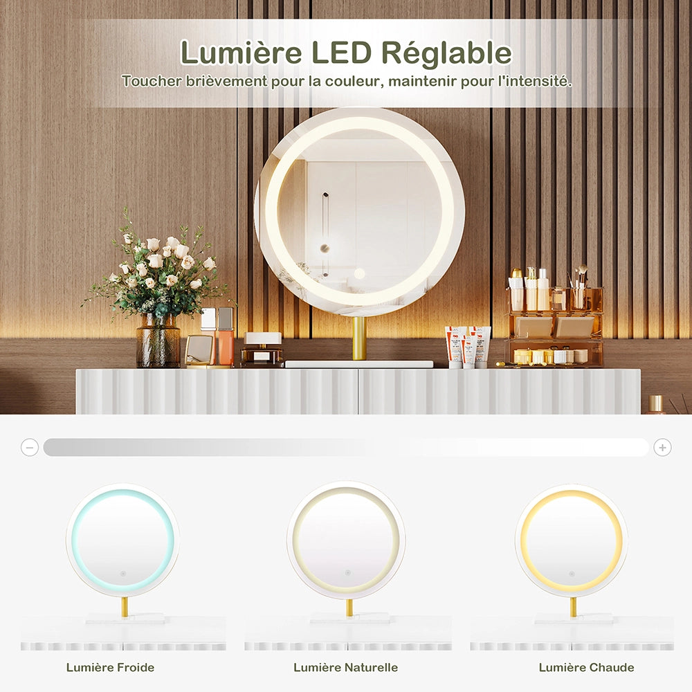 Coiffeuse con specchio LED e illuminazione - Xylo - L100/H127/P40 cm - Bianco - 5 cassetti spaziosi