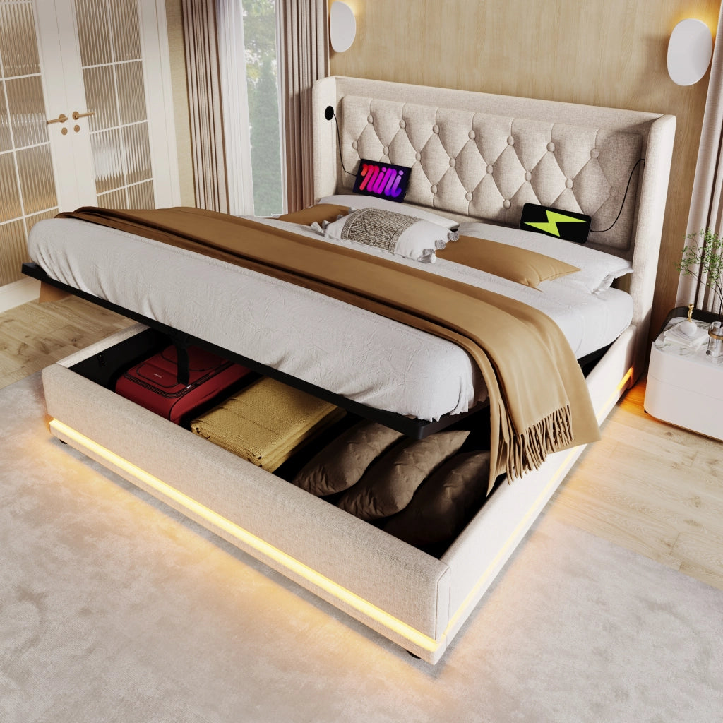 OKWISH Letto Contenitore 160×200 cm, Letto Matrimoniale con USB, Tipo C, LED Regolabile e Testiera Imbottita, senza Materasso, Cotone, Beige