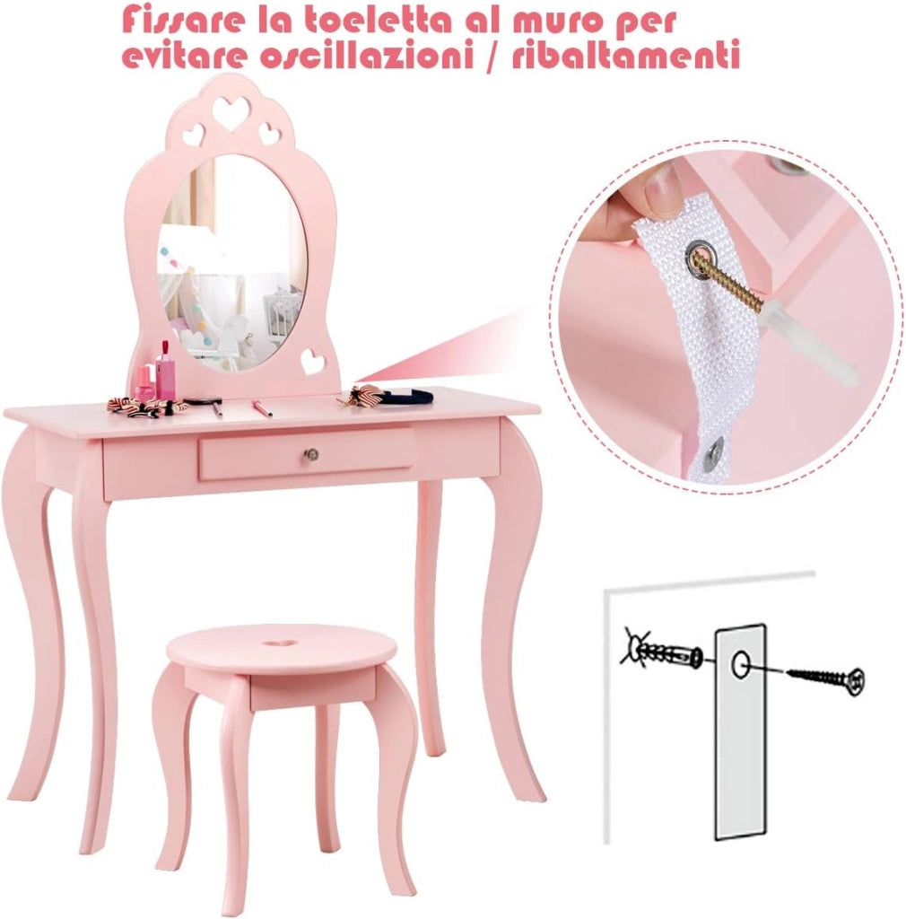 Set Toeletta e Sedia per Bambine - Specchio e Cassetto, Toletta Trucco 2 in 1 con Superficie Smontabile, 70 x 34 x 105 cm, Rosa