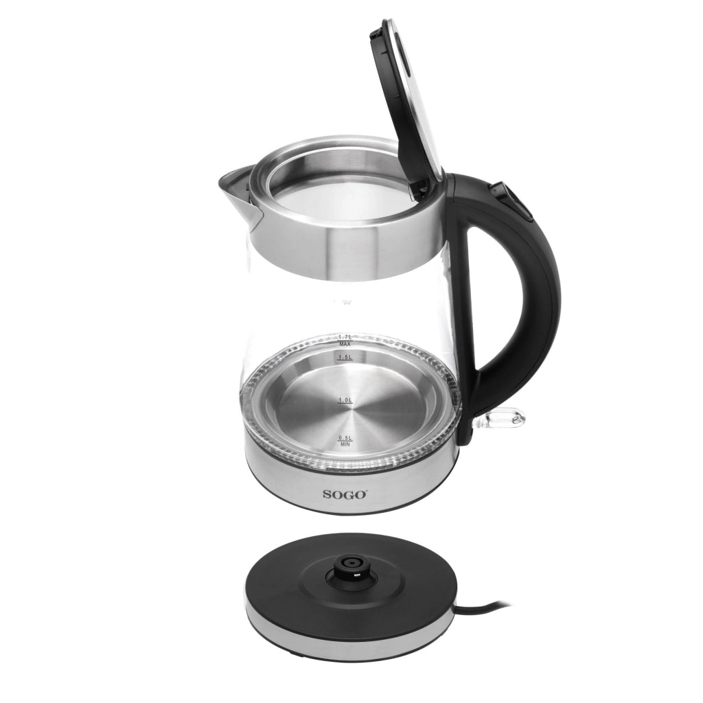 Bollitore elettrico vetro 1,7L senza fili, resistenza acciaio inox nascosta 2200W, spegnimento automatico - SOGO