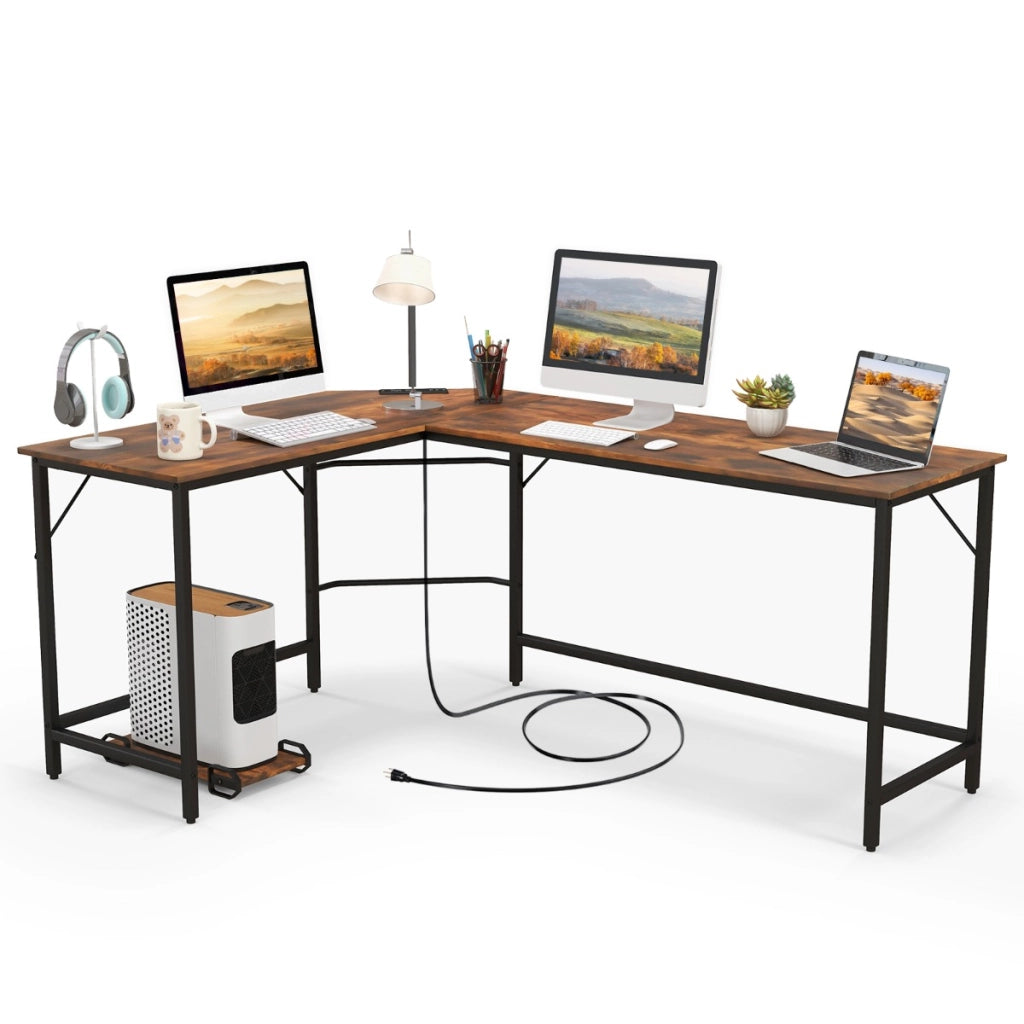 Scrivania ad angolo a L con presa di corrente, Scrivania per computer da 168cm con supporto CPU e telaio in metallo Marrone-Scrivanie