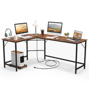 Scrivania ad angolo a L con presa di corrente, Scrivania per computer da 168cm con supporto CPU e telaio in metallo Marrone-Scrivanie