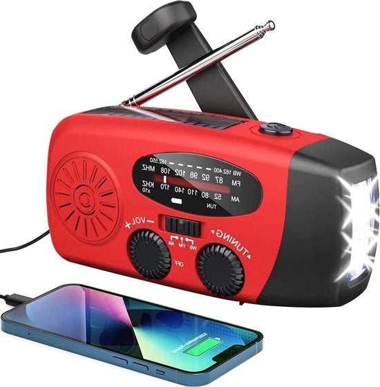 Radio a batteria autoportante con maniglia di soccorso e protezione solare - AM/FM - Lampada da tasca LED - Radio a onde corte - Batteria da emergenza 2000 mAh