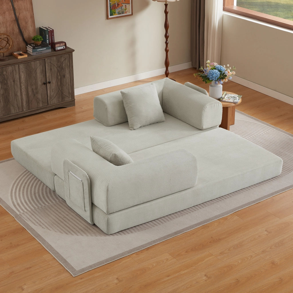 Divano letto pieghevole con 2 cuscini e struttura in acciaio cromato in schiuma beige per soggiorno e camera da letto