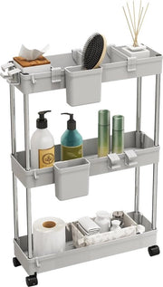 Trolley da cucina con 3 livelli, piano da cucina, piano da cucina sospeso su ruote, piano da bagno, cassettone per cucina, bagno, con 4 ganci + 2 contenitori + distributore di cesti