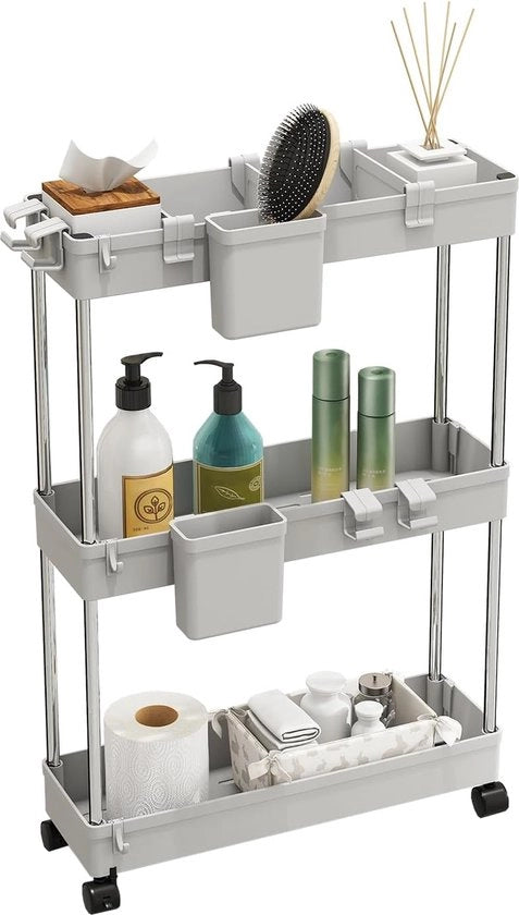 Trolley da cucina con 3 livelli, piano da cucina, piano da cucina sospeso su ruote, piano da bagno, cassettone per cucina, bagno, con 4 ganci + 2 contenitori + distributore di cesti