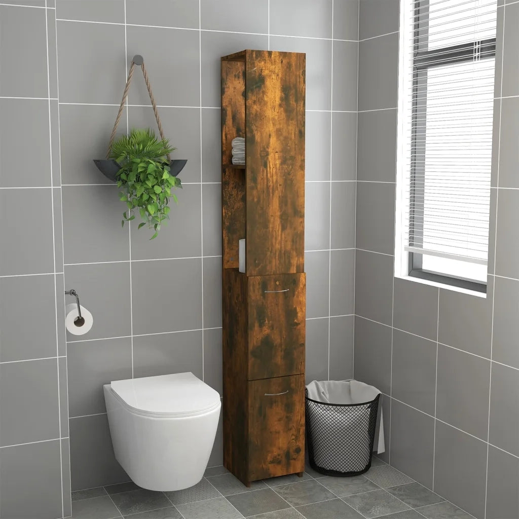 Armadietto Bagno | Armadio da bagno Rovere Fumo 25x26,5x170cm in Legno Multistrato