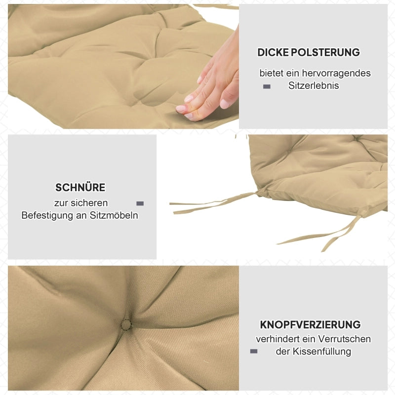 Set di 2 cuscini per sedia, 98 x 50 cm, con lacci, rivestimento in tessuto, spessore 8 cm, colore kaki.