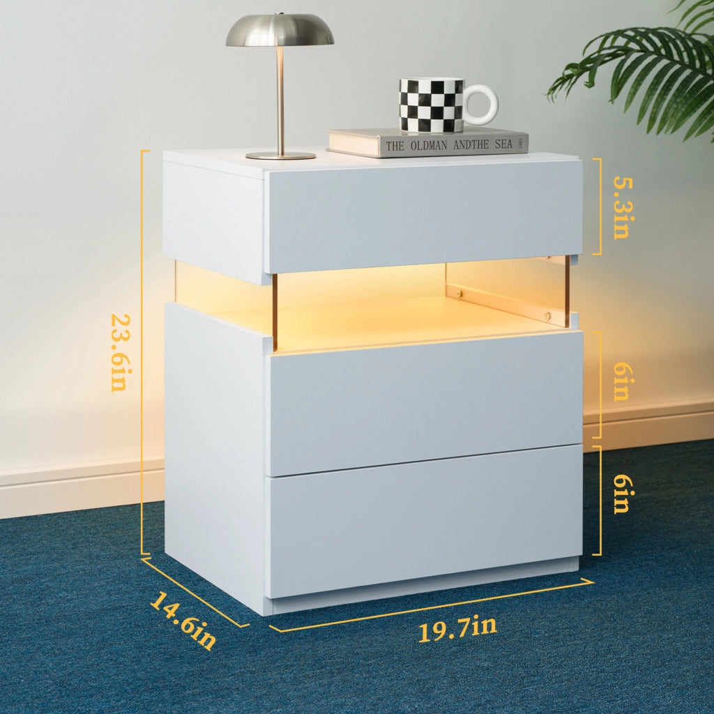 Comodino LED a 3 cassetti con pannello acrilico; legno ingegnerizzato bianco