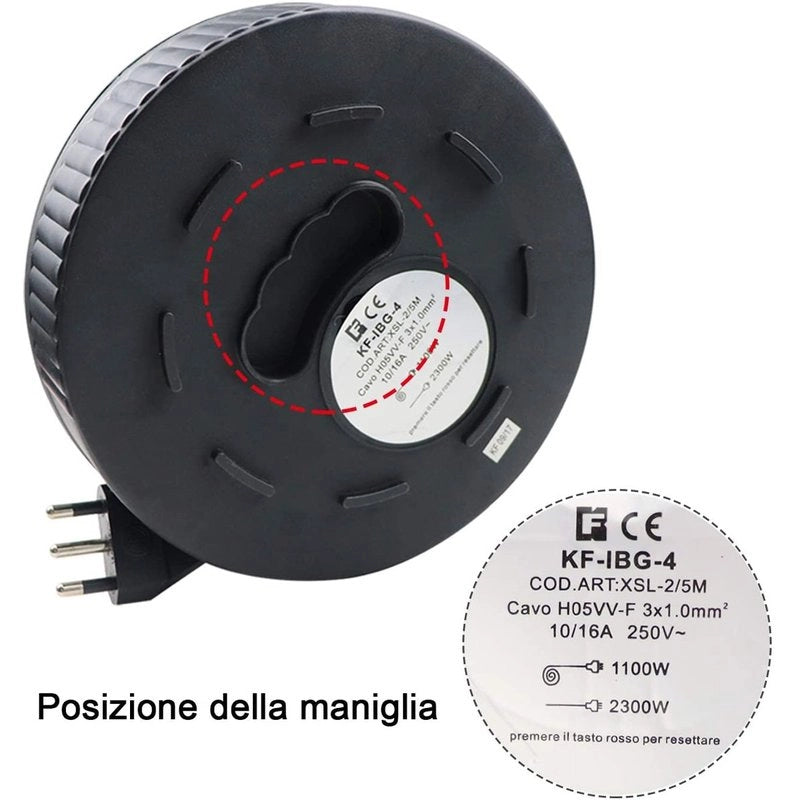 Avvolgicavo Elettrico Prolunga Elettrica 5 Metri 4 Prese Polivalenti Schuko + 10A/16A Spina 16A
