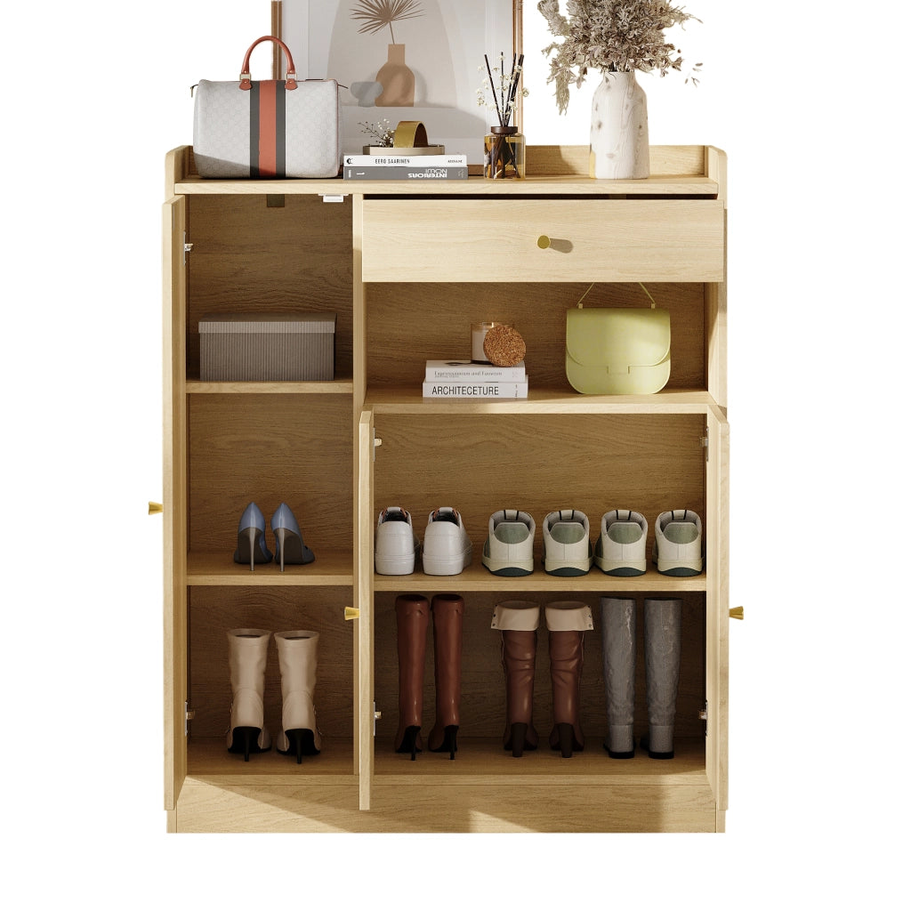 Armadio portascarpe in rattan con 1 cassetto e 3 ante, struttura in MDF e truciolare, colore naturale, 90 x 35 x 110 cm
