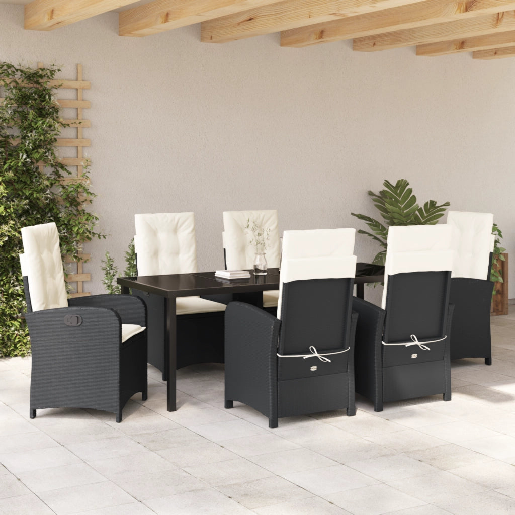 Set da Pranzo da Giardino 7 Pezzi con Cuscini in Rattan Plastico Nero