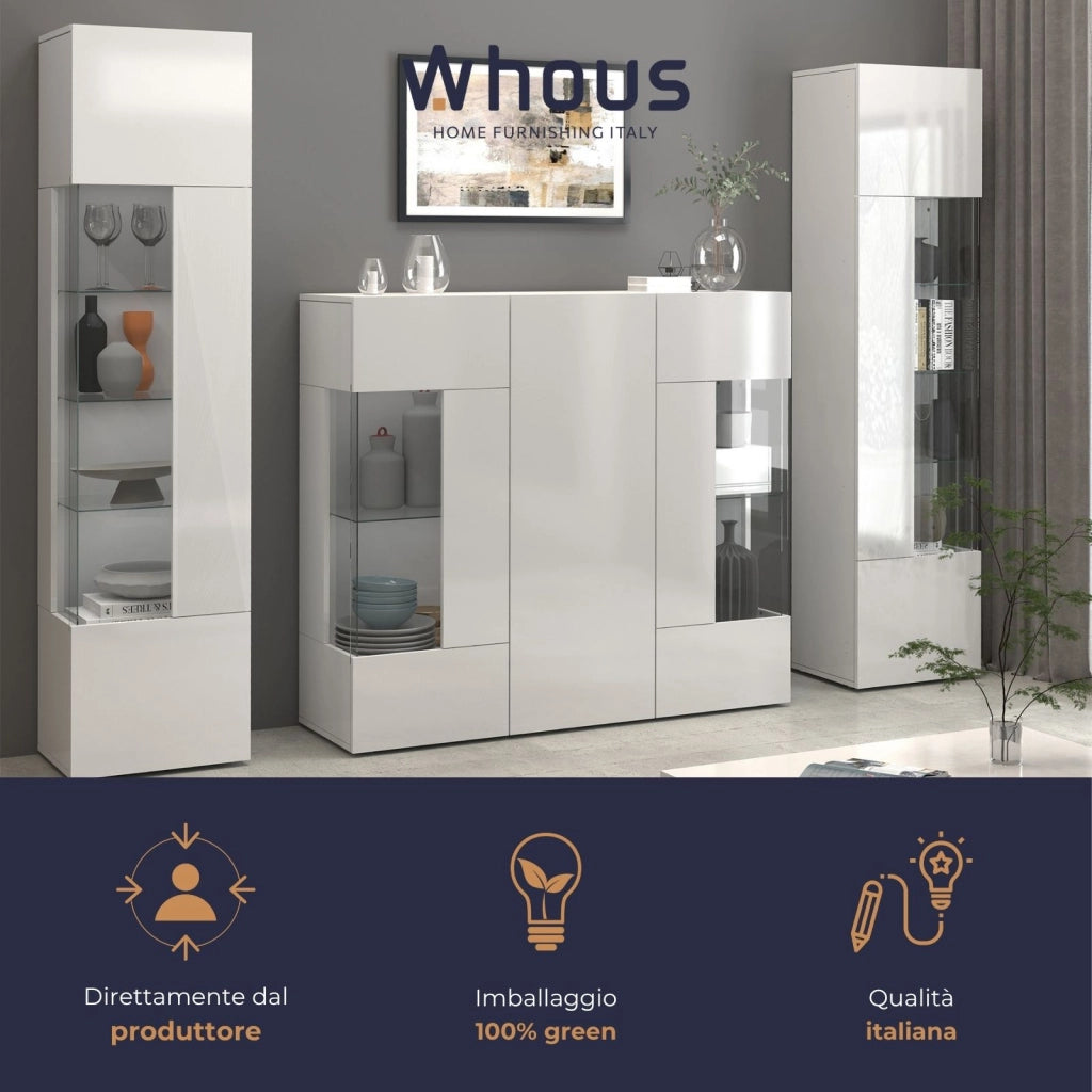WHOUS Credenza Egypt con 3 ante e inserti in vetro espositivi bianco lucido 135x40x120 cm