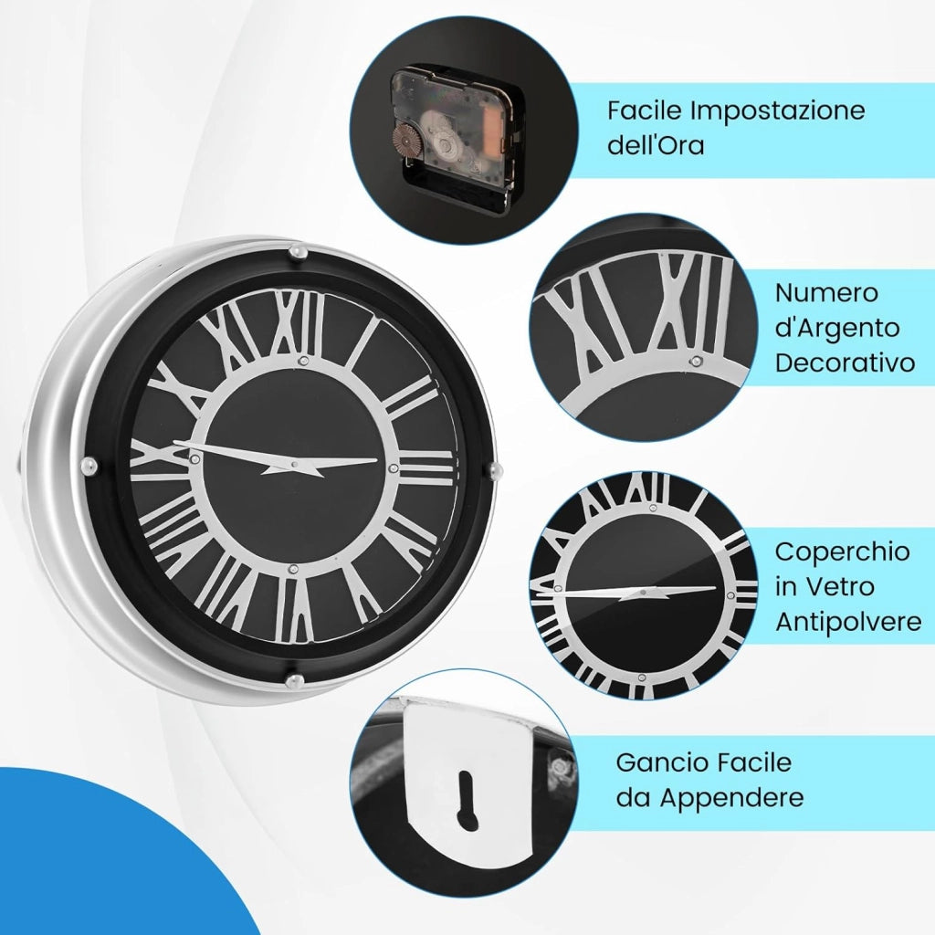 Orologio da Parete 34,5 cm, Orologio Silenzioso con Numeri Romani, Copertura in Vetro, Orologio Moderno Decorativo per Soggiorno Camera da Letto Ufficio (Stile 2 S)
