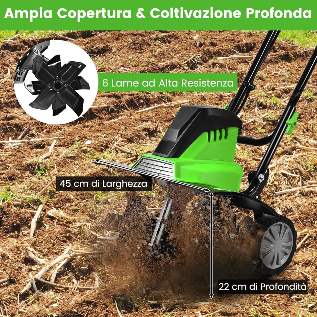 Motozappa Elettrica 1500W, Zappatrice Elettrica con Maniglia Pieghevole, Ruote Regolabili, 6 Lame, Velocità 400 PRM, Profondità 22 cm, Larghezza 43 cm (Verde, 1500 W)