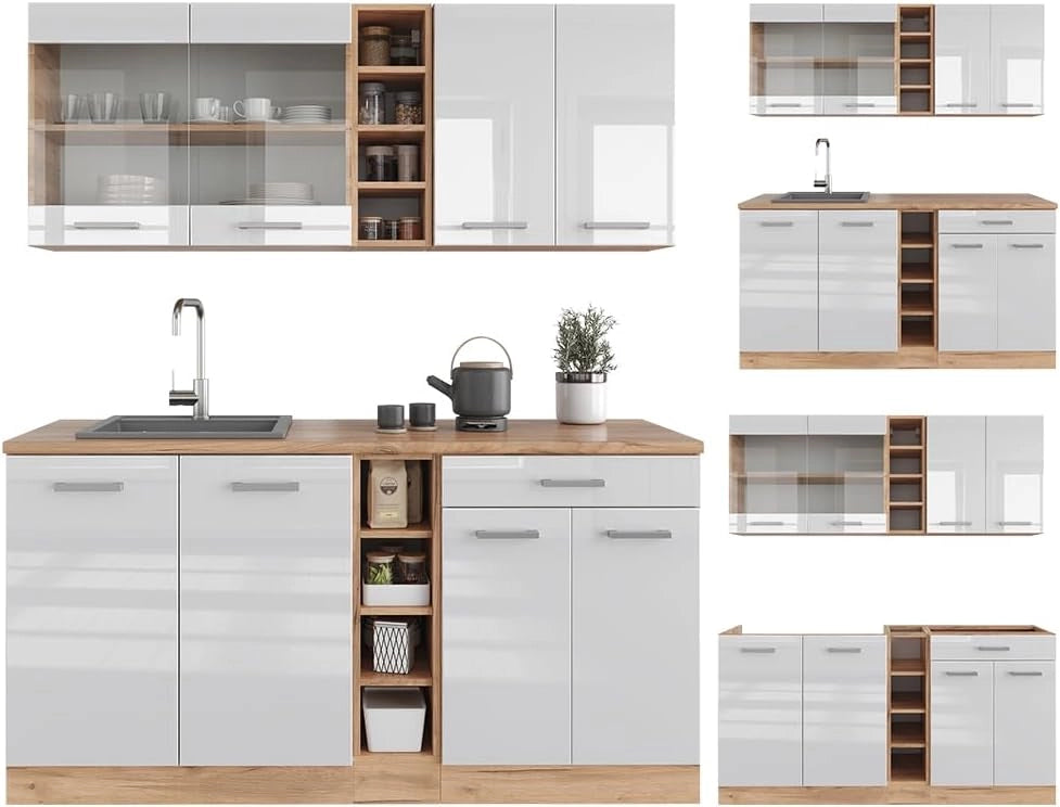Cucina completa R-Line, Bianco lucido/oro power oak, 160 cm, PL Marmo, adatto per combinazioni ed espansioni personalizzate