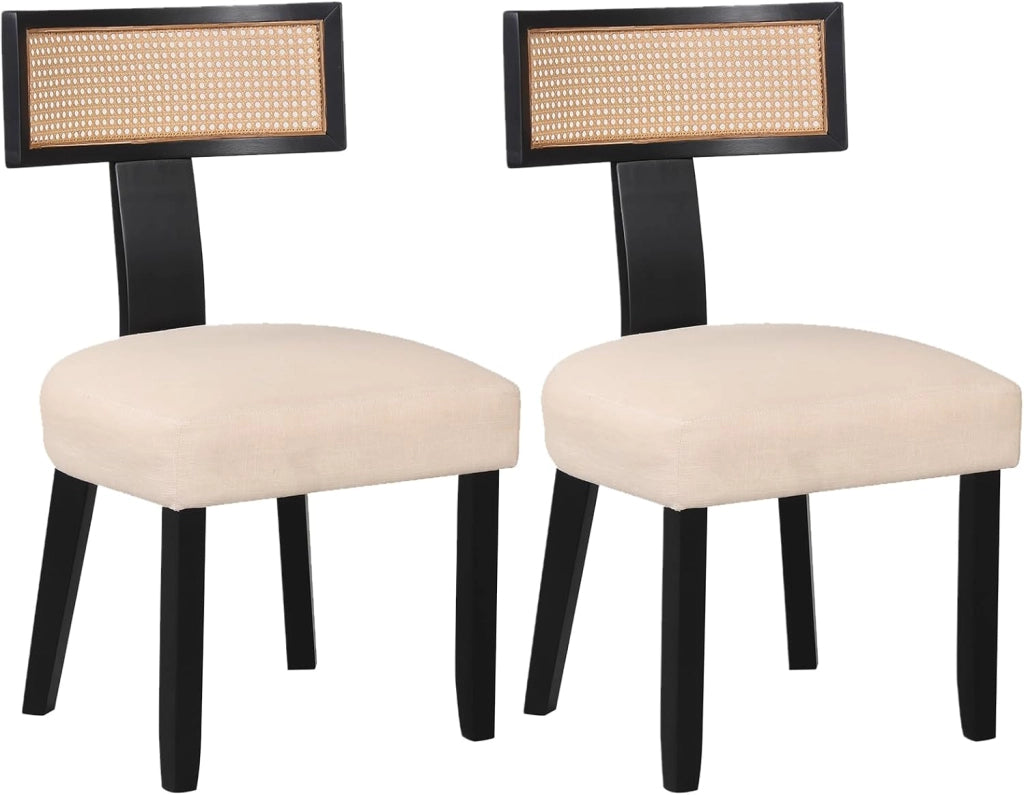 Set di 2 Sedie da Pranzo Imbottita, Sedia con Sedile Comodo, Schienale Curvo in Rattan e Piedini Antiscivoli per Soggiorno, Sala da Pranzo e Studio, Portata 180 kg (Beige)