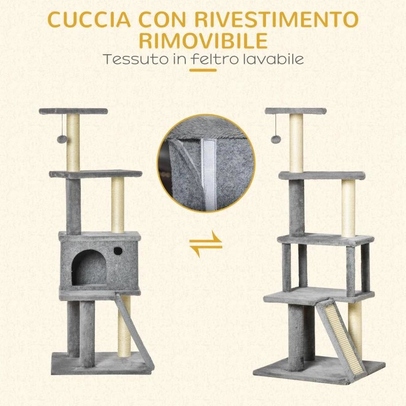 ALBERO TIRAGRAFFI MULTILIVELLO CON CASETTA, SCALA, PALLINA E PALI IN SISAL, 48X48X125 CM, GRIGIO