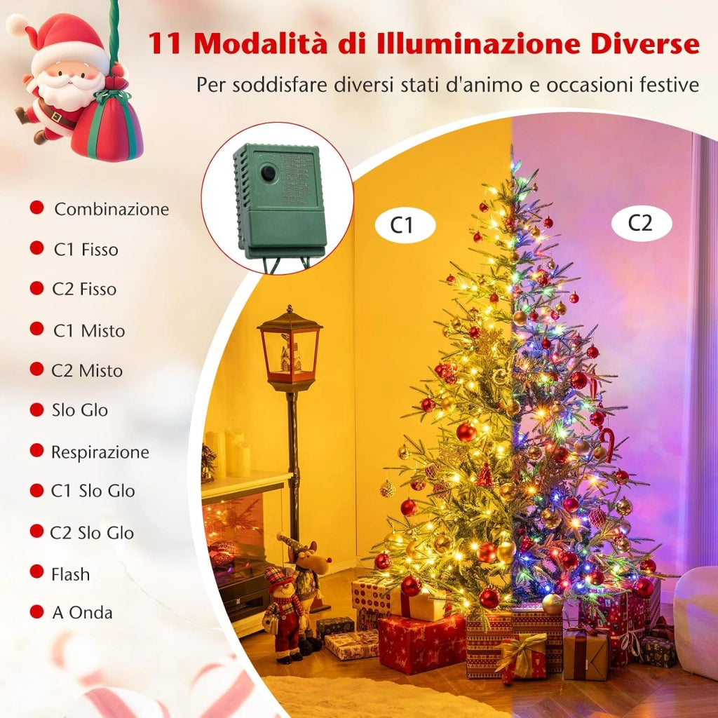 Albero di Natale Artificiale Pre-illuminato 180 cm, Albero di Natale con 250 Luci LED Calde e Multicolori, 11 Modalità, 530 Rami PVC e PE, Base Metallica Pieghevole (180 cm)