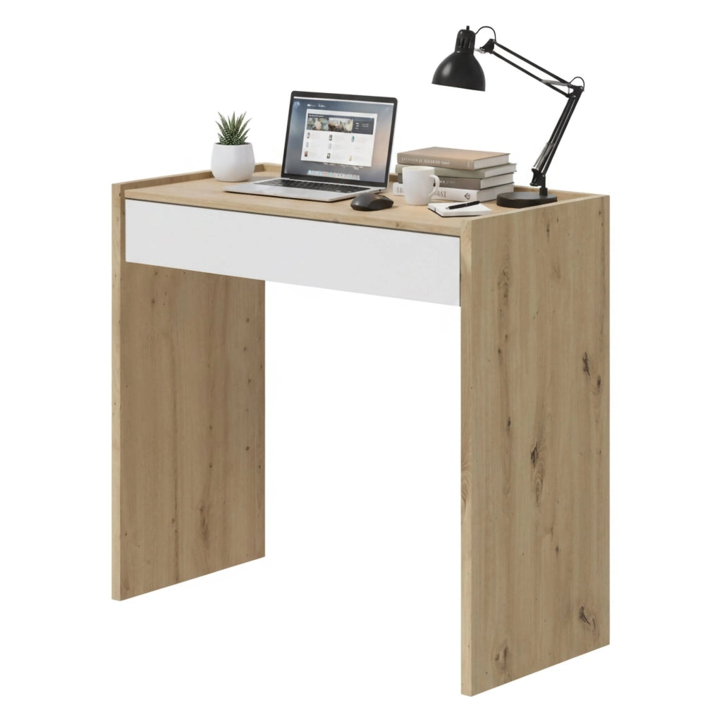 Scrivania Akaba, Scrittoio lineare con cassetto, Tavolo da studio o ufficio porta PC, cm 82x40h77, Rovere nodi e Bianco