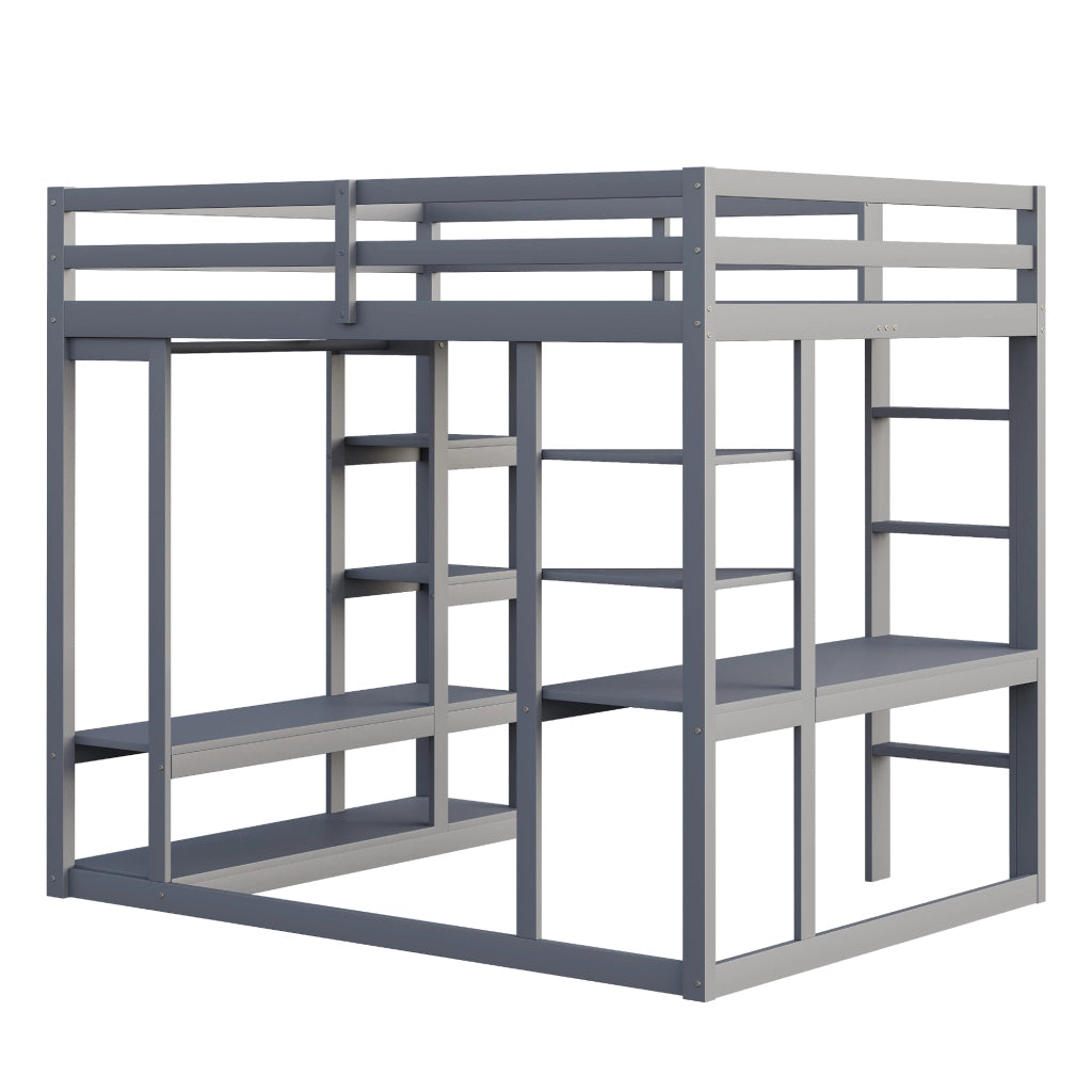 DESMIU Letto A Castello Alto 2 Posti con Scrivania, Scaffali e Appendiabiti 140 × 200 cm, Senza Materasso