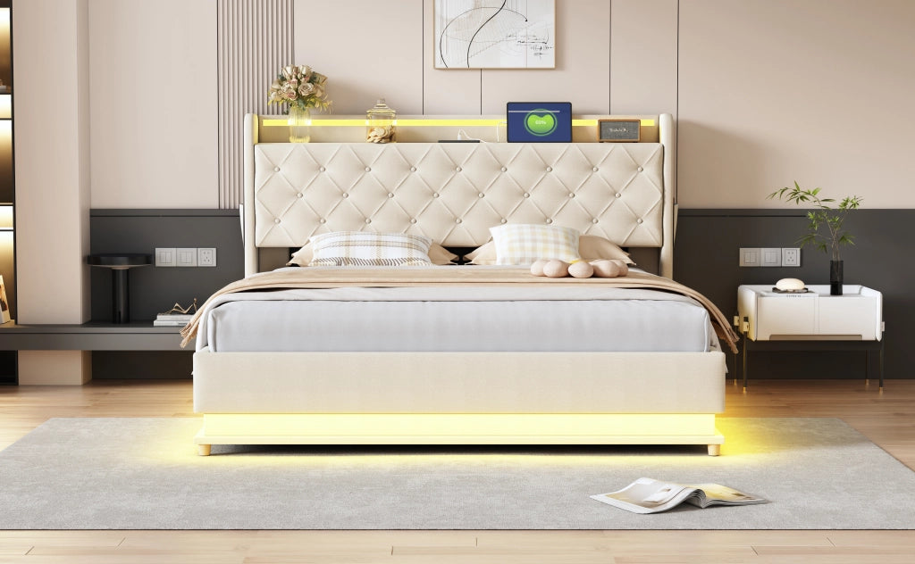 DESMIU Letto contenitore 160 × 200 cm 2 posti con LED, USB e vano idraulico, senza materasso, beige
